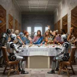 robots sitting at a table in the style of the last supper, sci - fi, detailed, beautiful composition, masterpiece, artstation