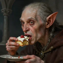profile face portrait of a medieval goblin eating cakes in the cloisters, beautiful face, hyper realistic, highly detailed, digital painting, artstation, illustration, concept art by hyung tae and frank frazetta, digital paint, matte paint, washed colors, dark, gloomy