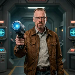 “Walter white holding a portal gun in a portal 2 chamber”