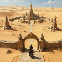 entrance of a godly ancient isolated sacred spiritual alien village built in the oasis of a vast sand desert, 3 rd person action adventure, screenshot, gameplay, final fantasy, square enix, jrpg, cutscene, unreal engine, 4 k, ultra high settings, rtx, next gen graphics, playstation 5