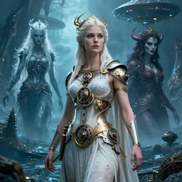 by wesley burt and basil gogos, visually stunning, cinematic, ultra realistic, hyper realism, 1 2 k, epic, octane render, unreal engine, vfx, maya, clockwork demeter : from the new science fiction movie, snow queen : cthulhu rising from the ocean, portrait of evil princess : spaceship ufo