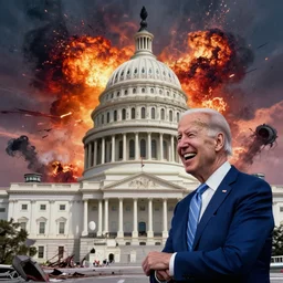 Joe Biden watches with laughter as the U.S Capitol is destroyed in an explosion in the background, Evil, chaos, ornate, horror, detailed, colorful
