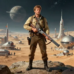 hyperrealistic full - length portrait of a settler with a futuristic shotgun colony on a distant planet, with the colony in the background, retro futuristic, by norman rockwell, by syd mead, hd, 4 k, high quality