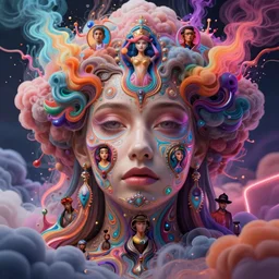a gorgeous woman surrounded by colorful liquid clouds and neon smoke, extremely detailed, psychedelic experience, psilocybin, dmt, lsd, face, highly detailed, artstation, chromostereopsis, digital art by hana yata, and artem demura and beeple, alphonse mucha, octane render, unreal engine, 8 k