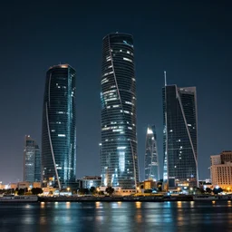 basra city and river, night photography, glass skyscrapers, digital art,