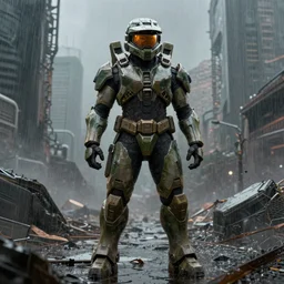 full body character portrait of a big bulky female in halo spartan armor in a desolate cyberpunk wasteland city, 8 k, realistic shading, realistically rendered eyes, photorealistic eyes, concept art, digital painting, illustration, matte painting, moody lighting, sharp focus, minimal artifacts, wet, heavy rain, rainstorm, john singer sargent, william - adolphe bouguereau