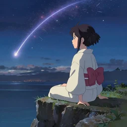An anime girl wearing a kimono sitting on a cliff looking towards a meteor flying overhead, in the style of Makoto Shinkai —h 720 —w 1280