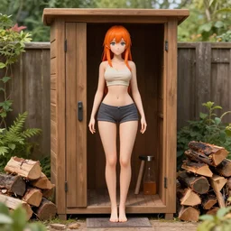 a girl heats a bathhouse, height 1 7 8, 3 d, good detail, full nd, 4 k, orange hair, garden, firewood, brunette with red stripes on her hair, gray eyes, good hips and long legs, dressed in a top and shorts