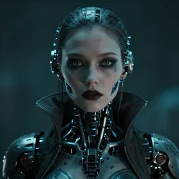 vfx film closeup, retrowave necromancer cyberpunk robot woman, atmospheric, flat color profile low - key lighting award winning photography arri alexa cinematography, hyper real photorealistic cinematic, atmospheric cool colorgrade