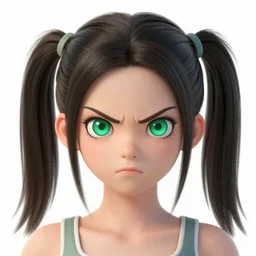 artstation young girl with green eyes and pigtails her head in fury, full body, very detailed, , portrait, high contrast