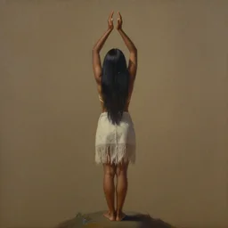 a beautiful painting of an indigenous woman seen from behind, holding up her arms to the sky, full body, matte painting, fantasy art, ayahuasca, highly detailed