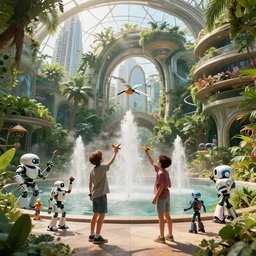 movie still frame, kids playing with robot birds inside a luxurious futuristic city dome in a lush jungle, beautiful composition, sunny, steam, fountains, robots, 8 k, cgi, by ridley scott, james cameron, zack snyder and michael bay