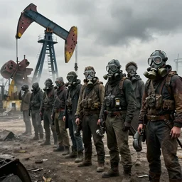 waiting in line for crude oil by simon stalenhag and gil elvgren and tom bagshaw and marc simonetti and jan miense molenaer and arthur adams, dystopian slums, highly detailed, hyperrealism, cloudy, smog, high contrast, smogpunk, oilpunk, high saturation, intricate complexity, gas masks