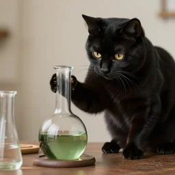 black cat making a potion, detailed, clean, realistic