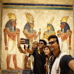 egyptian painting of people taking a group selfie