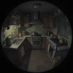 dark palette, fisheye, naive, extra narrow, detailed illustration of an unlit kitchen, by rhads from lorax movie