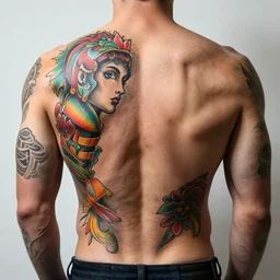 a picture of my new back tattoo of a muscular back, bright colorful ink