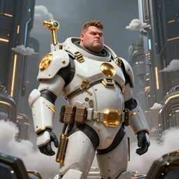 portrait of a fat man sci fi soldier ranger, brutalist city architecture, dark epic, white and gold, emissive lights and cables and wires, high details, ceremonial clouds, dripping paint, fibonacci rhythm, artstation, art germ, wlop, pablo dominguez, sabbas apterus, award - winning, artstation