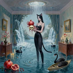 tall female catgirl artist holding a skull in her flooded apartment, pomegranates, octopus, water gushing from ceiling, painting of flood waters inside an artist's apartment, a river flooding indoors, candles, ikebana, zen, rapids, waterfall, black swans, canoe, berries, acrylic on canvas, surrealist, by magritte and monet