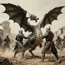 an very old photo of a dragon attacking in the mediaval times