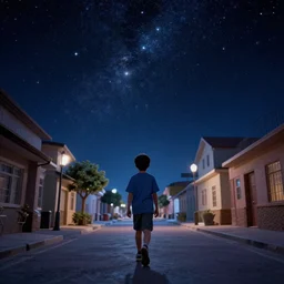 color photo of a boy walking down a street in space, sky is full of stars