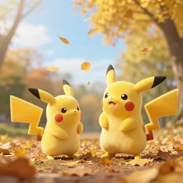 photo of real life pokemons trying to catch falling leafs, cute!!!, content!!!, mischievous!!!, adorable!!!, fluffy!!!, ultra realistic!!!, ( golden hour ), autumn!!, clear weather, sharp focus, tiny amount of chromatic aberration