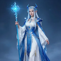elemental sky witch in ornate blue and white robes and staff, highly detailed, 8 k, hdr, anne stokes