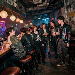 photograph of a retro techwear coed group loitering near the bar of a packed busy rundown nightclub, retrofuturism, brutalism, cyberpunk, sigma 85mm f/1.4, 35mm, 4k, depth of field, high resolution, 4k, 8k, hd, highly detailed, tilted frame, long exposure, full color