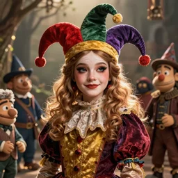 detailed ultrarealistic photography front medium shot of fantasy ethnic muppet puppet jester joker girl leyendecker, norman rockwell, greg rutkowski, jim henson artstation cinematic, vray game of thrones, lord of the rings