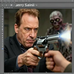 ps 5 screenshot of jerry seinfeld shooting zombies with a revolver close up
