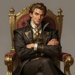 a smug noble man smirking. confidently crossed arms. siting in his chair intricate, elegant, highly detailed, digital painting, artstation, concept art, sharp focus, illustration, by justin gerard and artgerm, 8 k