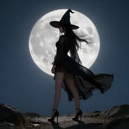 witch standing wearing high heels under a full moon