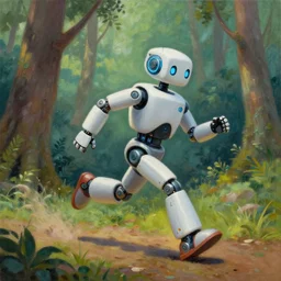 a beautfiul painting of a robot running througj a forest,8k
