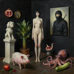 realistic painting of a burnt female artist's apartment, black dripping walls, tall emo catgirl, stone sculpture, a pig, a ninja painting on black walls, pomegranate, bromeliads, tusks, octopus, a courgette, berries, zen, sensual, surrealist painting by magritte and rousseau and kawase hasui