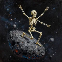 painting by zdzisław beksinski, skeleton riding an asteroid through space, stardust and sparks and glitter sparking in the air, epic painting, cinematic, peace love and joy