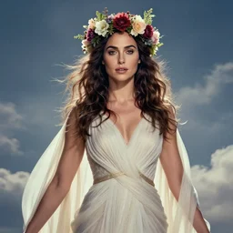 fine art photo of the beauty goddess gal gadot, she has a crown of mesmerizing flowers, she is arriving heaven, by peter mohrbacher