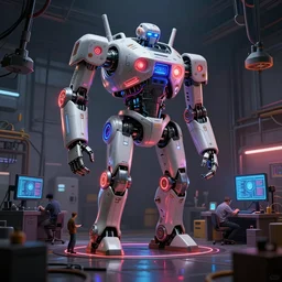 realistic dieselpunk robot repair workshop, a large, partially - assembled android hangs in a neon glow, volumetric lighting, strong shadows, tiny robot engineers work, reflections, high contrast, glowing robot motifs, octane render, loish, syd mead, cinematic