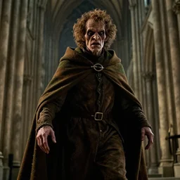 a portrait of a hideous hunchback man wearing a brown and green cloak, in the shadows, in a cathedral, dynamic lighting, 8 k hdr movie still