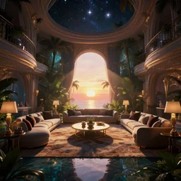 videogame screenshot of a very psychedelic dreamy luxury flooded tropical universe maximalist living room, star dust, sunset glow, dark shadows, god rays, chiaroscuro, backlit, octane render, volumetric lighting, raytracing, symmetrical wide shot low angle