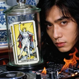 cinestill 5 0 d, 8 k ; esoteric ultra realistic major arcana in kagemusha ( 1 9 9 0 ) film still flaming club dj mixing scene in frontiers in porcelain photography fashion magazine june seinen manga closeup portrait edition, hyperrealistic real - life shredded tarot card porcelain occult figurine in victorian glass jar, pointe pose, eye contact, tilt shift wide shot zaha hadid background