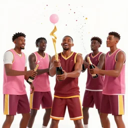 a championship african american basketball team celebration, popping champagne, confetti, pink maroon and varsity yellow color scheme, epic composition, floor view, fish eye lens, trending on artstation, cartoon manga panel illustration, studio ghibli, rossdraws,