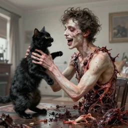 bright realistic anorexic man turning into a black cat and smiling franticly, apartment, rotten flesh, diffuse lighting, fantasy, intricate, elegant, highly detailed, lifelike, photorealistic, digital painting, artstation, illustration, concept art, smooth, sharp focus, art by francis bacon and jenny saville