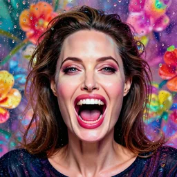 glamor portrait face symmetry, screaming angelina jolie, behind plastic, reflective glass floral raindrops ( ( colorful ) ), intricate detailed photorealistic by mark brooks, alyssa monks, hannah yata, helene knoop, artgerm, charlie bowater, mandy jurgens and alex ross, bold colors, artstation, 8 k hdr luminescent coherent elegant