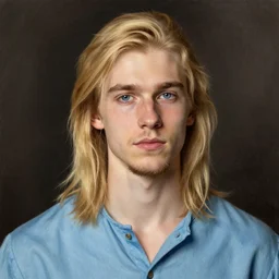 pencil portrait of a skinny european male, longer blond hair, light stubble beard, wearing a light blue shirt, blue eyes, rugged, teenage, fantasy, wizard, trending artstation, relaxed expression, dark lighting, high detail
