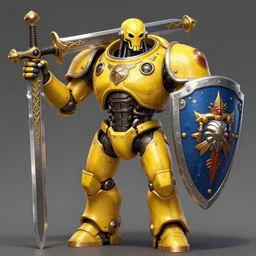 human-sized strong intricate yellow pit droid carrying very detailed perfect antique great sword and beautiful large paladin shield, pancake short large head, exposed metal bones, painterly humanoid mecha, slightly far away, by Greg Rutkowski epic glorious trending on Artstation