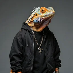anthropomorphic lizard that looks like a human dressed like a rapper, photorealistic.