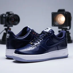 nike airforce one sneaker low top. cyberpunk patent leather. camera and lights show in the photo as a behind the scenes view, bright, colorful, glossy, 3 d, arnold render, vray render, artstation, 4 k, very detailed, post processing