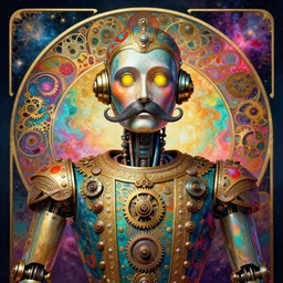 retro humanoid robot, large metal mustache, vibrant colors, nebula background, glowing yellow eyes, detailed realistic surreal steampunk robot in full regal attire. face portrait. art nouveau, symbolist, visionary, baroque, giant fractal details. horizontal symmetry by zdzisław beksinski, gears, alphonse mucha. highly detailed, hyper - real,