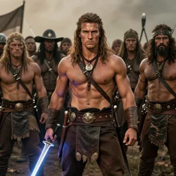 an ancient tribesman  with laser sword standing in front of barbarian horde, handsome symmetrical faces, muscular bodies, dramatic lighting, cinematic, establishing shot, extremely high detail, photorealistic, cinematic lighting, artstation, octane render, western,old photo, vintage