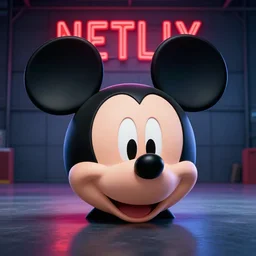 the head of mickey mouse inside the hangar, netflix neon logo on the background, the concept art of eddie mendoza